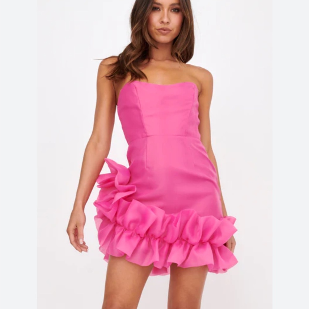 Selfie Leslie Hot Pink Strapless Ruffled-Hem Mini Dress